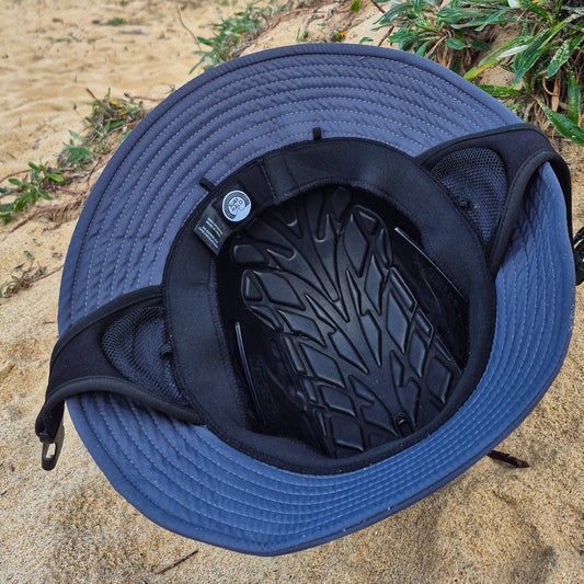 Surf hat helmet charcoal grey inside view protective inner shell made eva foam with wide brim and neoprene sweatband